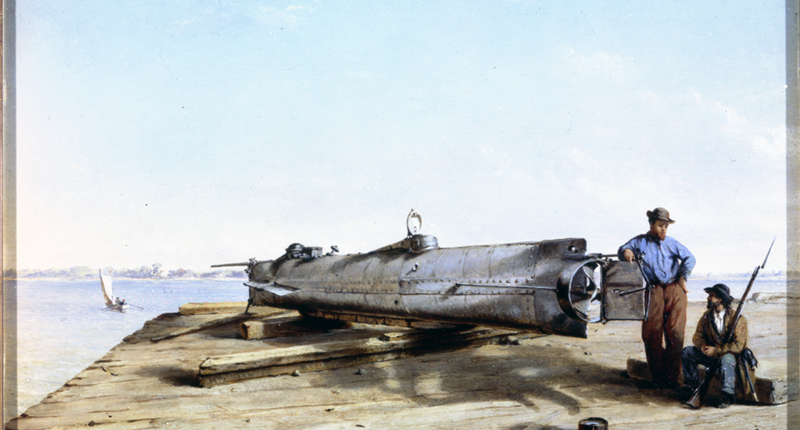 Painting showing the H.L. Hunley, and its inventor, on a dock in against a background of water and a blue sky.