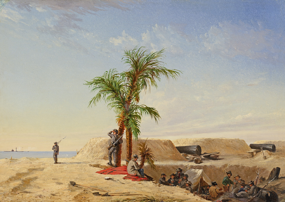 Depicts a land battery, with fake cannons positioned in gun emplacements built from sand on a beach, a group of soldiers are encamped in a ditch behind the emplacement, amusing themselves, while a few other soldiers stand guard.