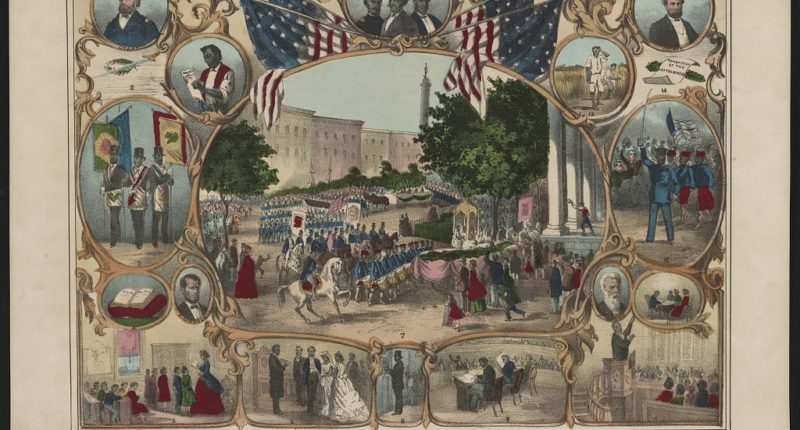 Print shows a parade surrounded by portraits and vignettes of Black life, illustrating rights granted by the 15th amendment.