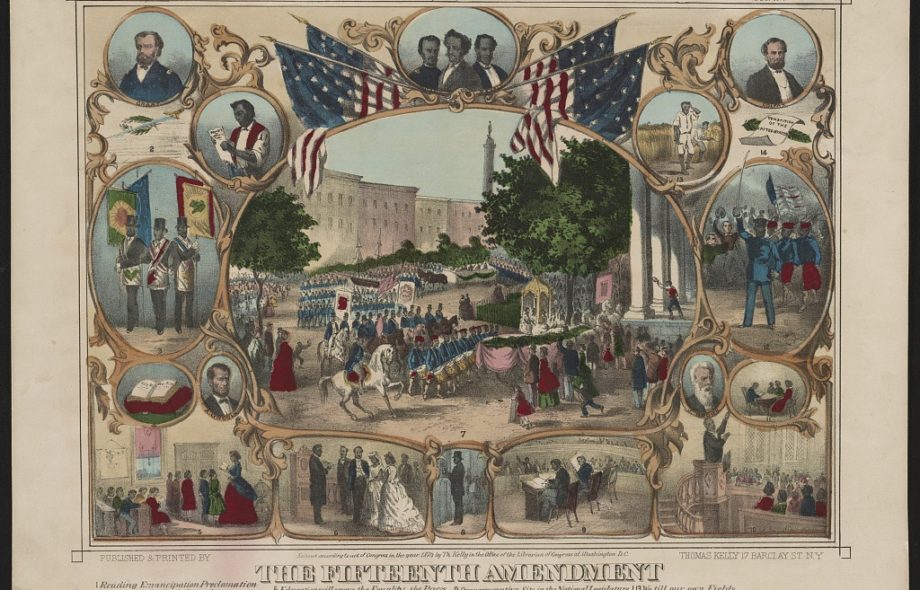 Print shows a parade surrounded by portraits and vignettes of Black life, illustrating rights granted by the 15th amendment.