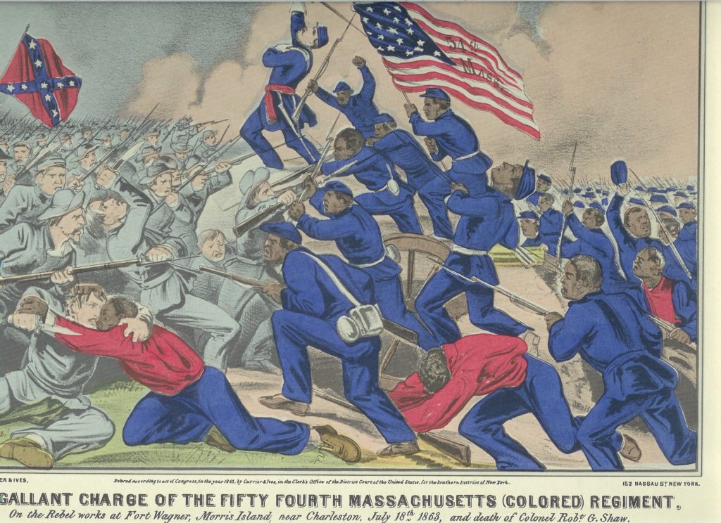 Historic print of the 54th Massachusetts Colored Troops charging a Confederate troop into battle