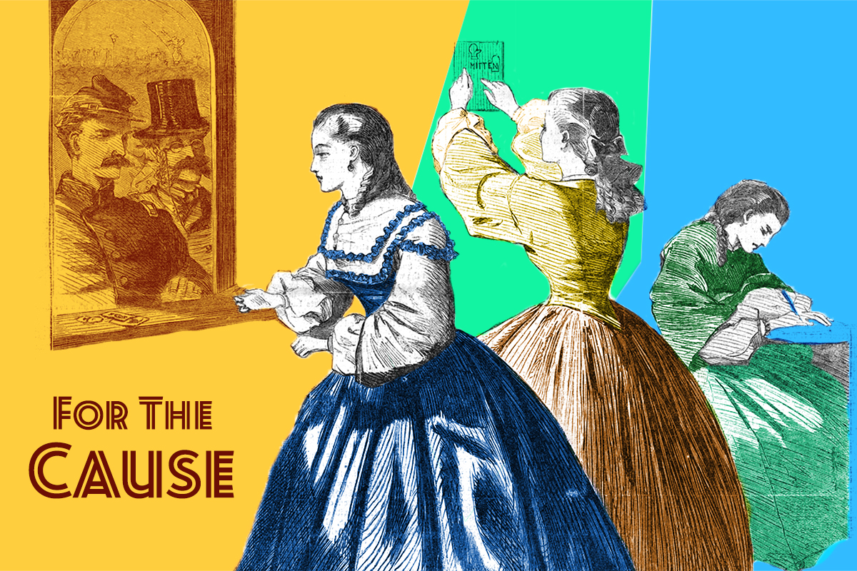 Three Civil War-Era Women doing civil tasks