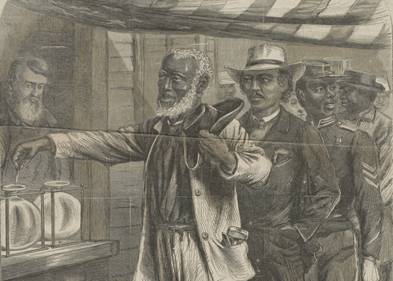A detail from a Harper's Weekly Newspaper image of a older Black man casting his vote for the first time in Virginia. There is a line of Black men behind him also waiting to cast their vote