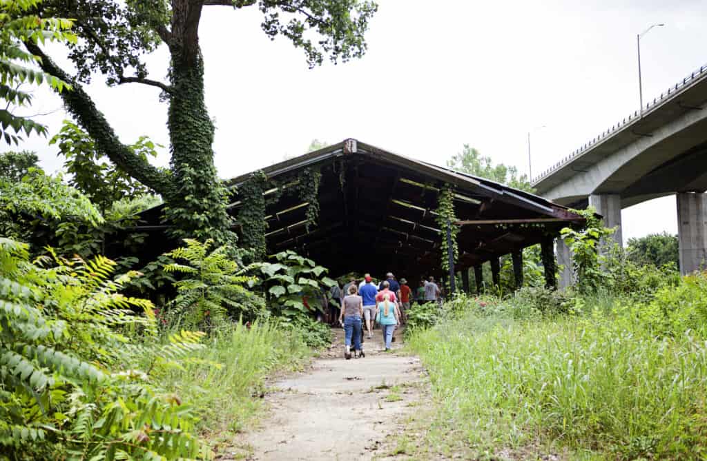 About 40 people joined the Tredegar Society for the 90 minute conversational walking tour to Belle Isle on Saturday, June 6, 2015.