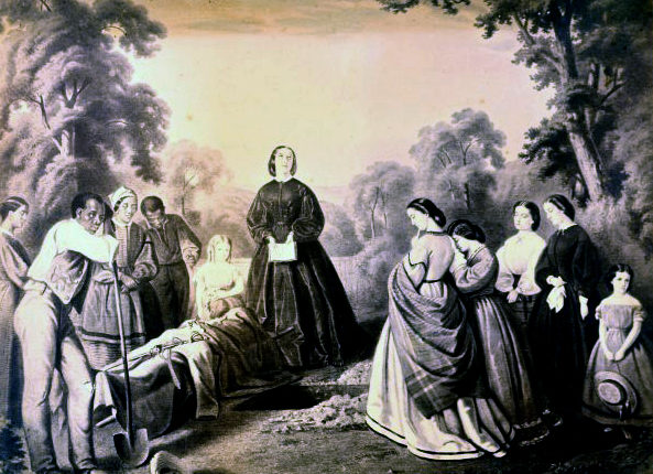 A print of a group of women of various ages burying a covered body. A black man with a shovel stands at the foot of the body. One woman is at the head of the head of the body looking up reciting a passage of the Bible.