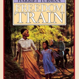 Harriet Tubman guiding a young girl throught the woods of the underground railroad
