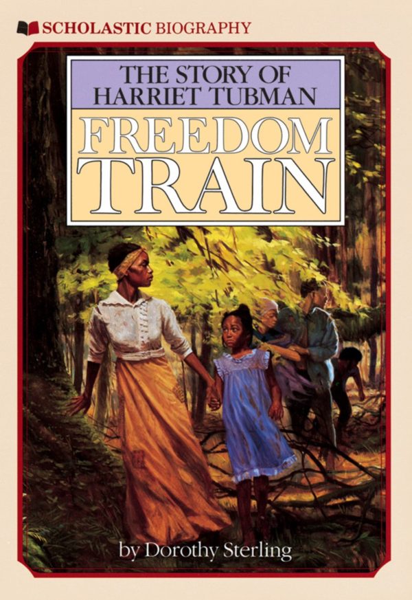 Harriet Tubman guiding a young girl throught the woods of the underground railroad