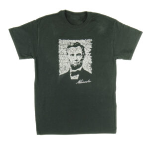 Black short-sleeved tee with Lincoln image made from Gettysburg Address text