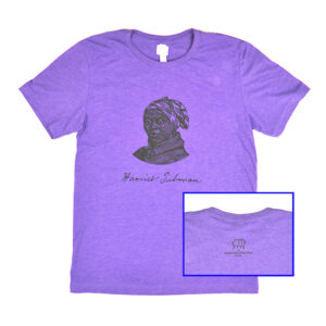 Purple short-sleeved tee shirt with woodcut image of Harriet Tubman