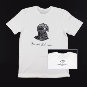 white tee shirt with black woodcut image of Harriet Tubman