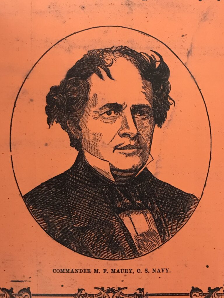 A lithograph of Commander M. F. Maury of the Confederate Navy. An illustration from the chest up, of a white man with a dress jacket, high white collar with medium length hair that's balding on top.