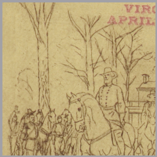 detail of tee shirt image showing sketch of Gen Lee riding away from the McLean House surrender site