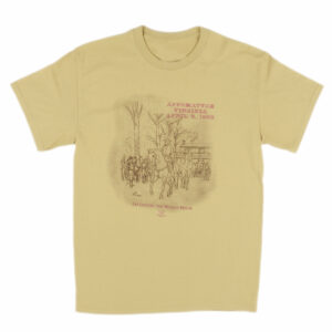 tan tee shirt with sketch in black of R.E. Lee riding away from the McLean House surrender site