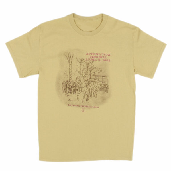 tan tee shirt with sketch in black of R.E. Lee riding away from the McLean House surrender site
