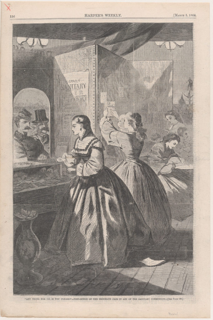 A etching of 19th century women working behind a desk at the Post Office of the Brooklyn Fair in Aid of the Sanitary Commission