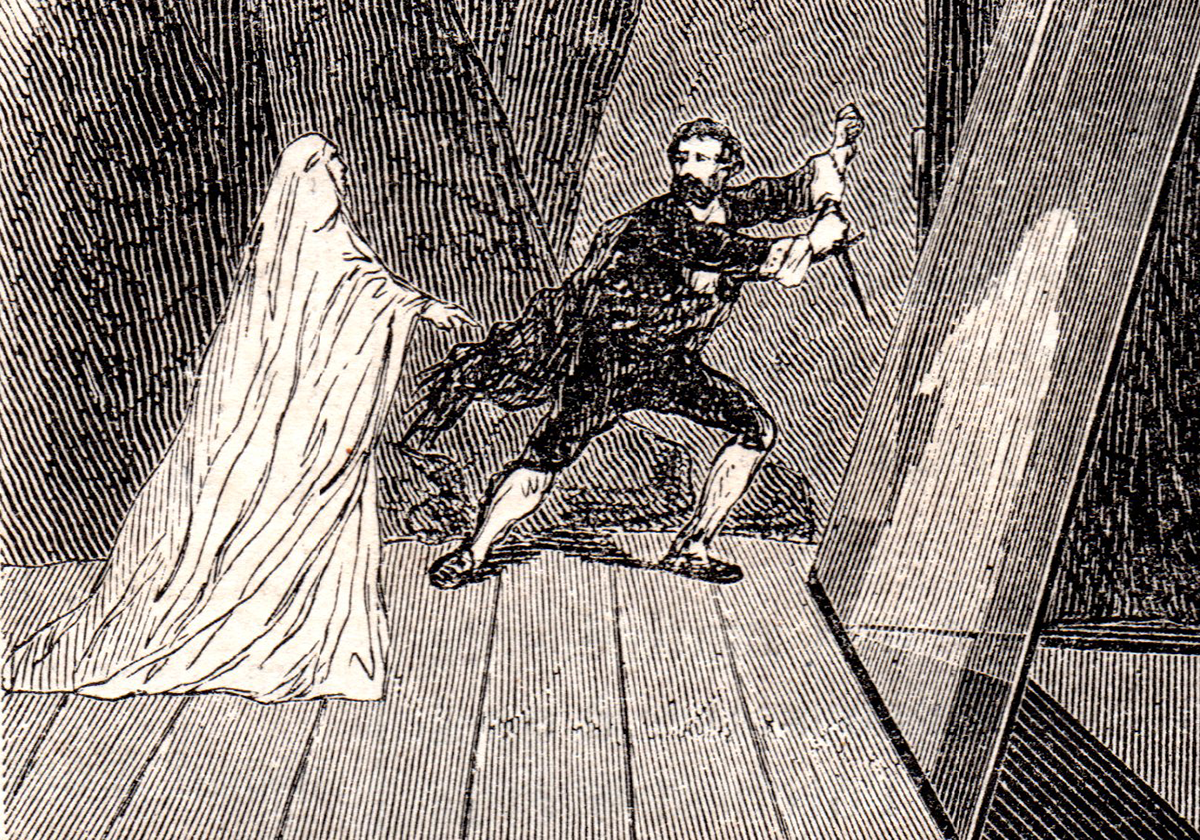 Detail of an illustration, depicting an actor on a stage, reacting to a ghost-like apparition on stage.