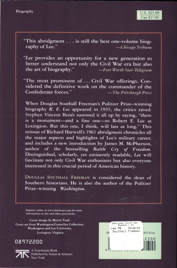 back cover of douglas freemans landmark biography - lee