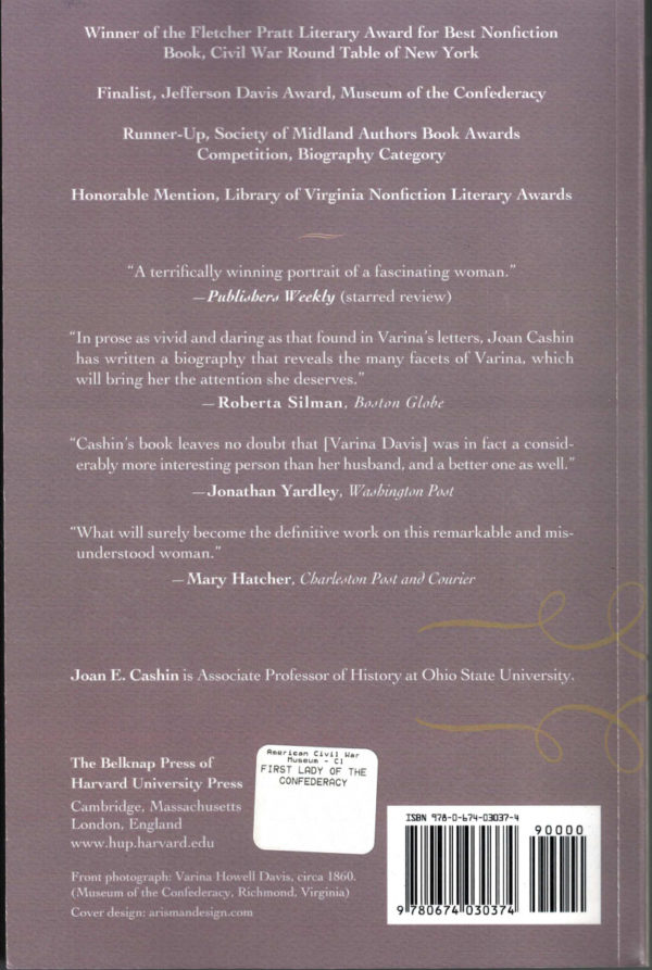 back cover of joan cashins - first lady of the confederacy - varina daviss civil war