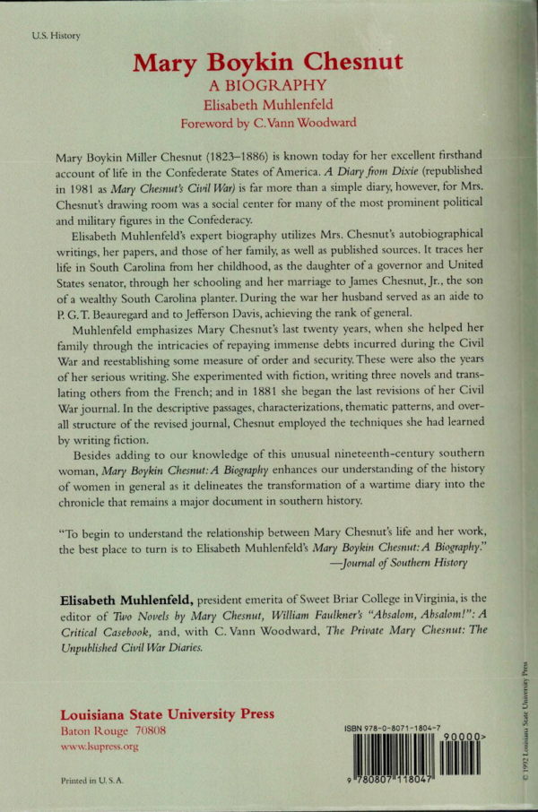back cover of - mary boykin chesnut a biography - by elisabeth muhlenfeld