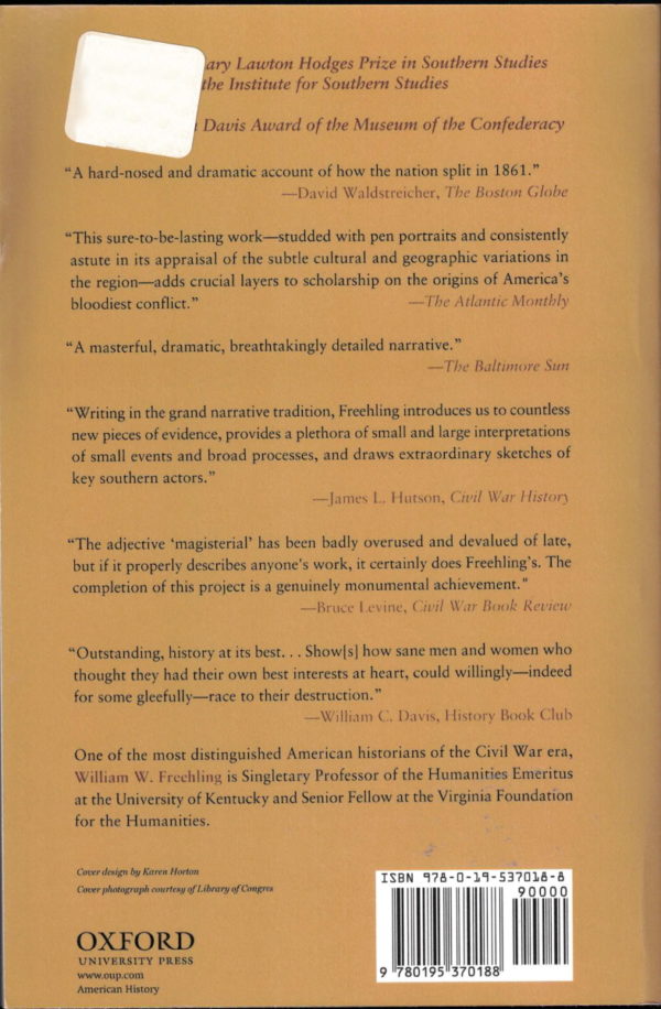 back cover of william w freehlings - the road to disunion volume 2