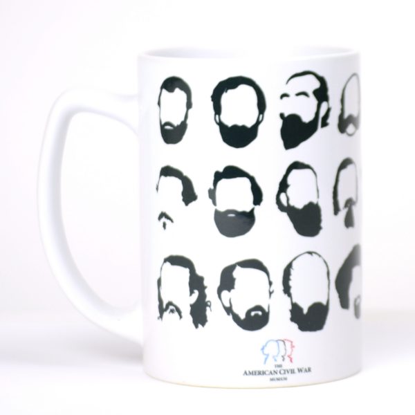 White mug with black silhouettes of prominent Civil War figures' facial hair