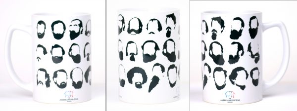 White mug with black silhouettes of prominent Civil War figures' facial hair