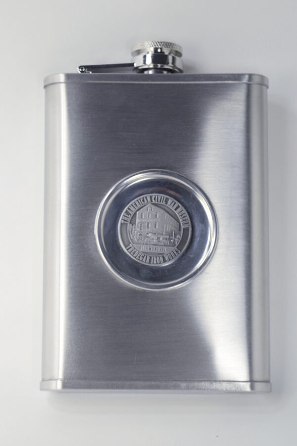 8 ounce stainless steel flask with Historic Tredegar Ironworks Pattern Building medallion
