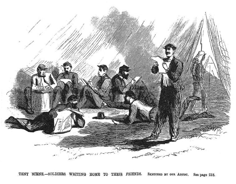 A historic illustration of a tent scene. Soldiers writing home to their friends.