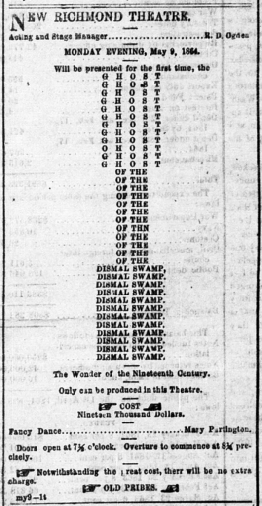Newspaper advertisement for Ghost of the Dismal Swamp. 