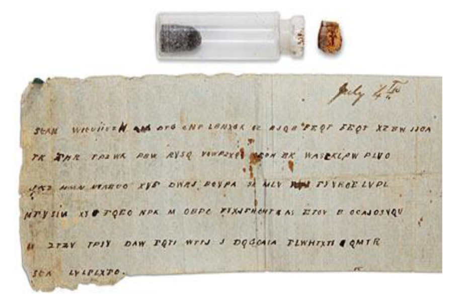 A piece of paper with a cyphered message accompanied by a small glass bottle