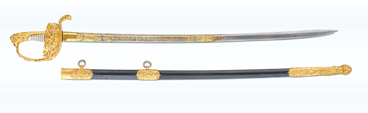 Presentation sword: slightly curved blade with quill back, etched with floral designs, stands of arms and trophies, "Gen'l Robert E. Lee, from a Marylander 1863" on obverse, "Aide toi et Dieu t'aidera" (Help yourself and God will help you) on reverse