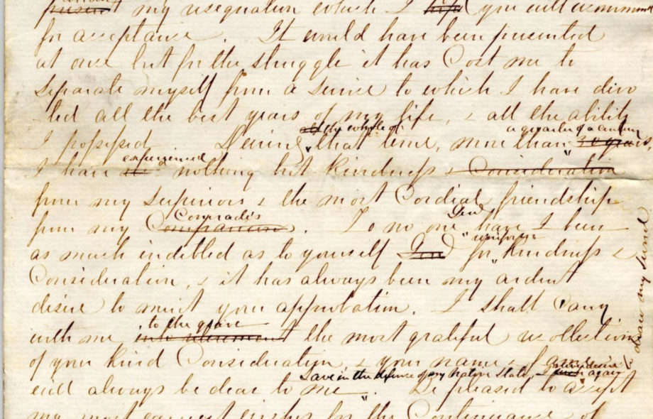 Historic Draft letter with a lot of crossed out corrections