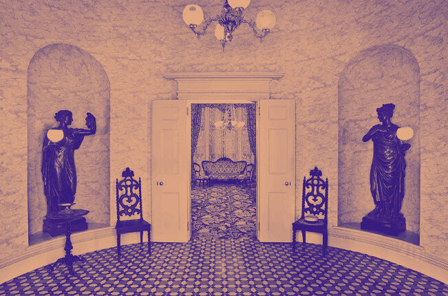 Entrance hall of the White House of the Confederacy, with purple and orange tint.